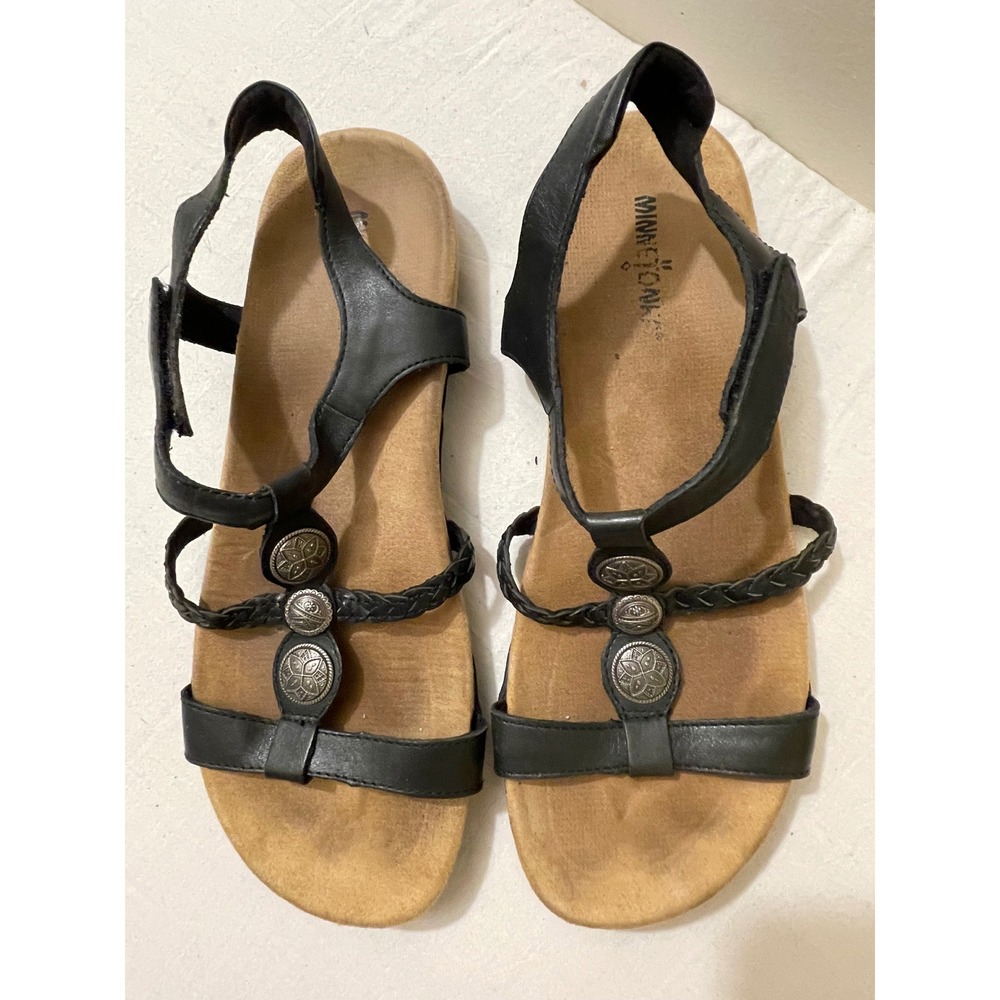 Minnetonka Black Leather Sandals Women's Size 10 Strappy  Style Outdoors‎ - Picture 3 of 7